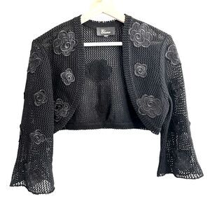 Y2K Whimsigoth Fairy Grunge Black Crochet Bolero Shrug Size M Floral Evening